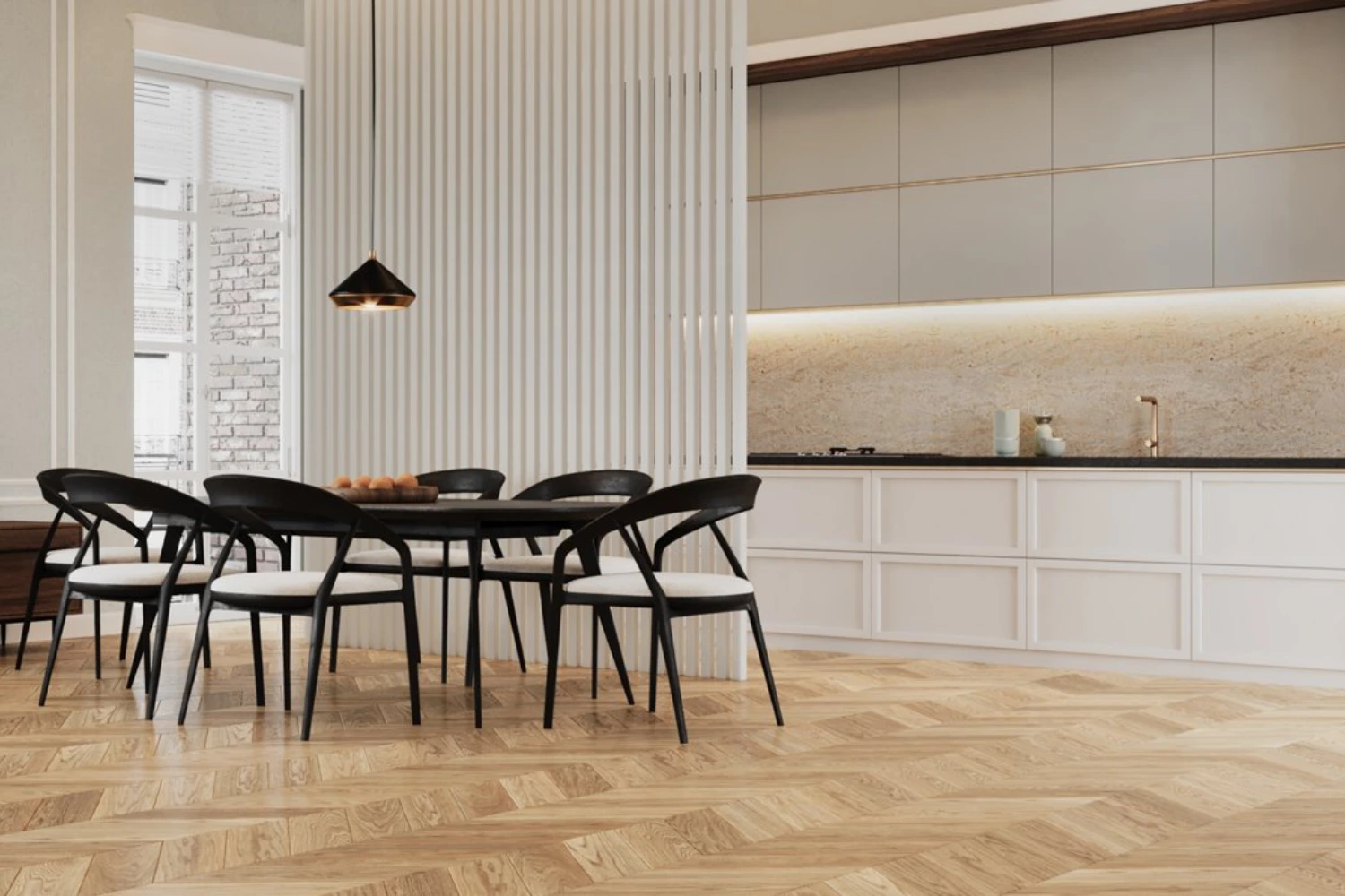 Nowoczesna, przestronna i elegancka kuchnia połączona z jadalnią